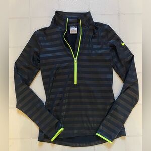 Women’s Nike Pro Dri fit Black Stripped Neon yellow Trim 1/2 Zip Top S
